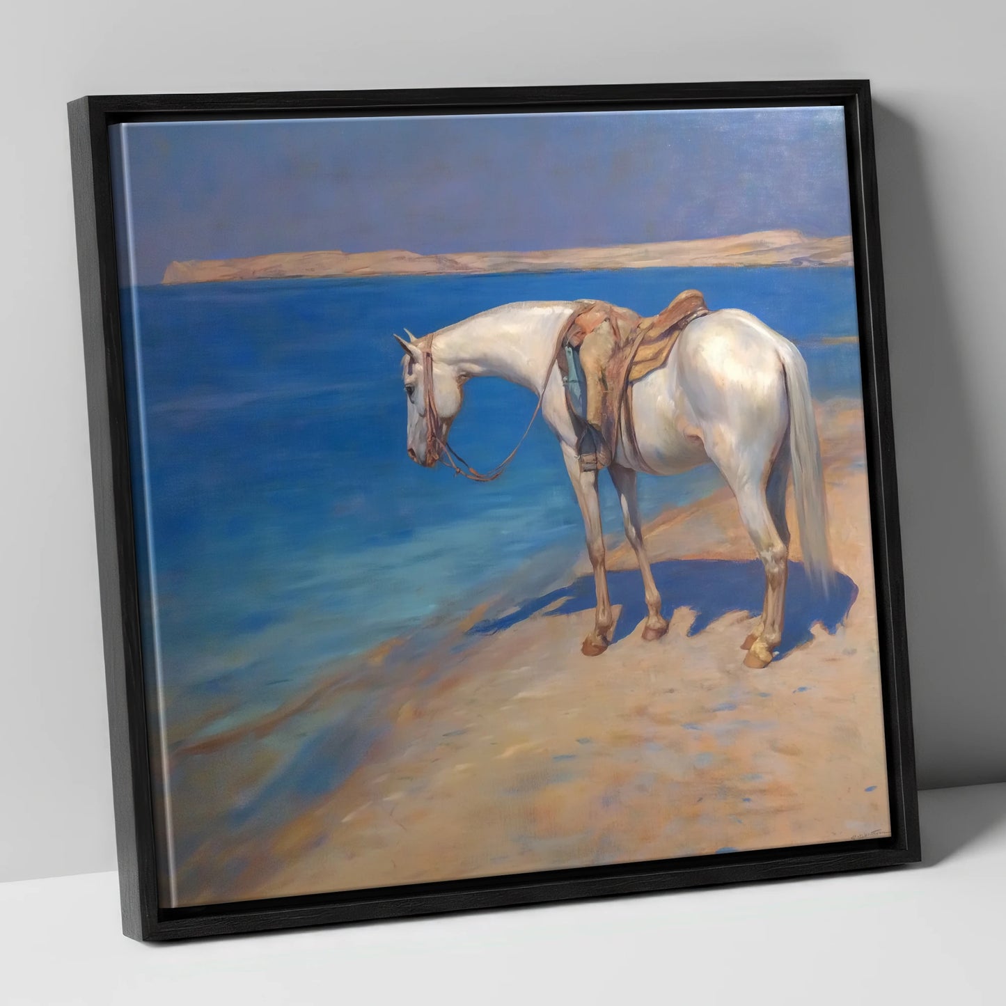 The Patient Grey horse landscape canvas wall art in black frame