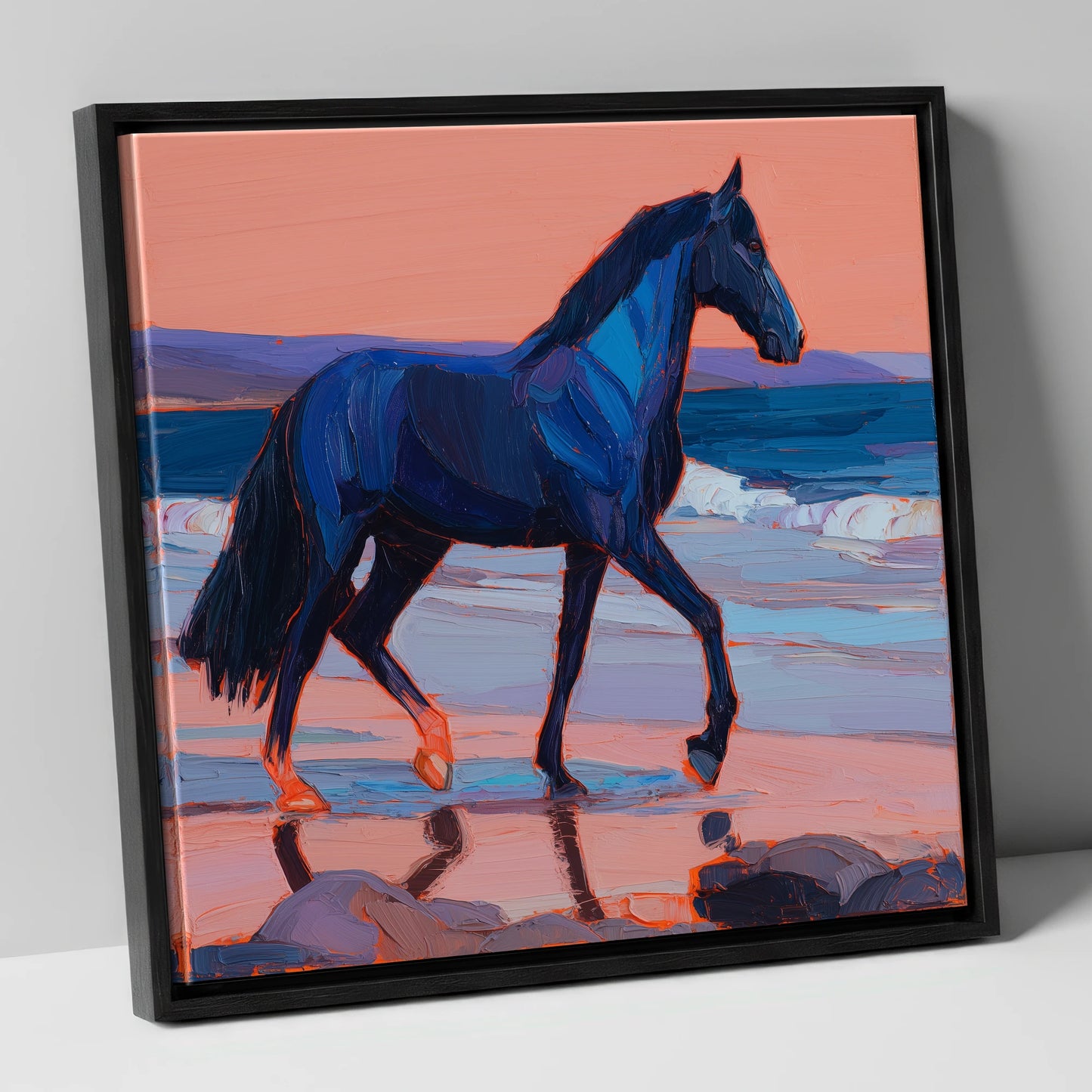 Indigo Beach Stride horse landscape canvas wall art in black frame