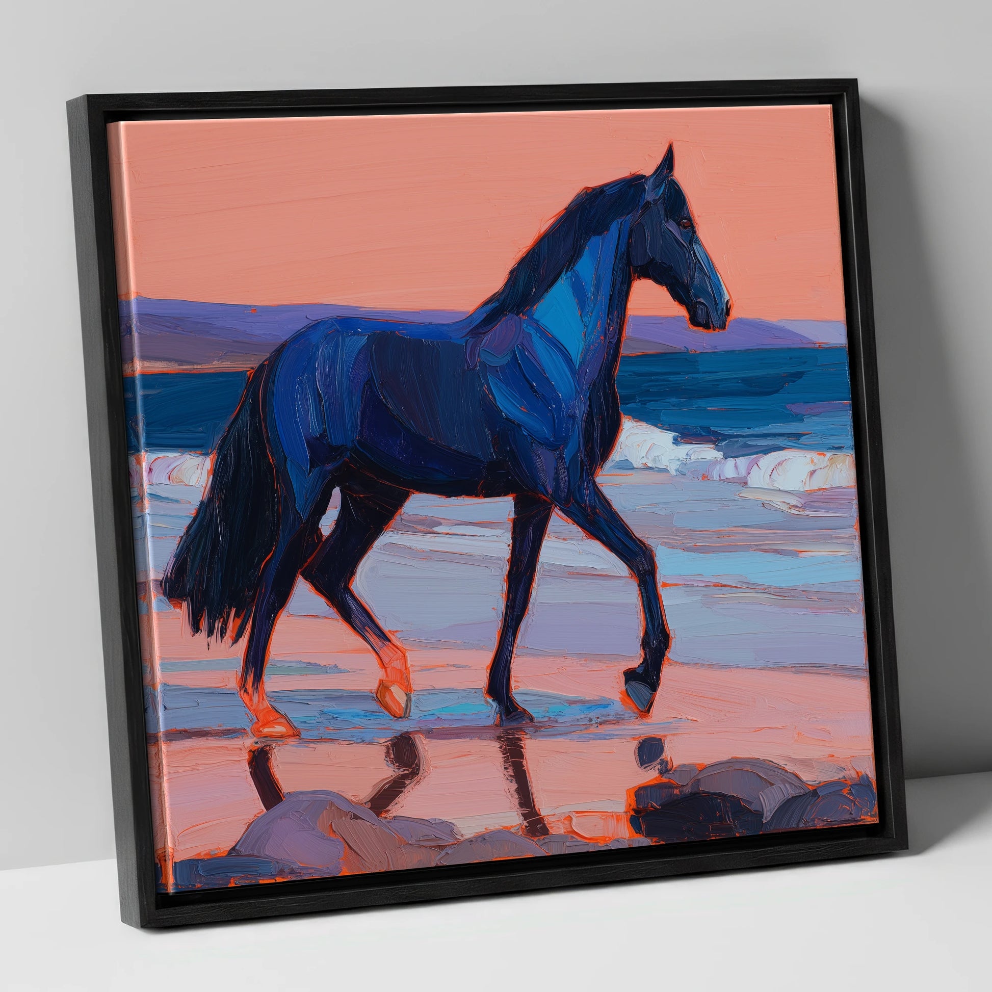 Indigo Beach Stride horse landscape canvas wall art in black frame