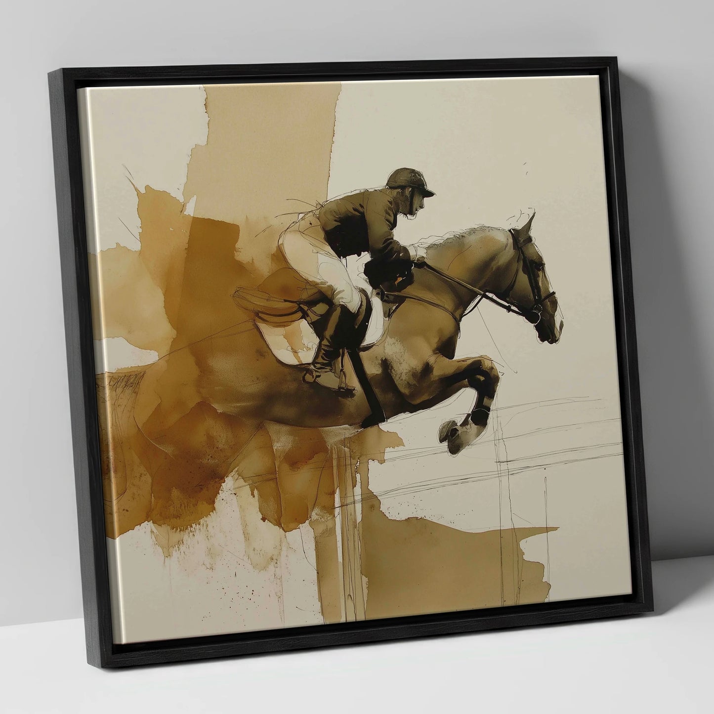 Moment of Suspension show jumping horse canvas wall art in black frame