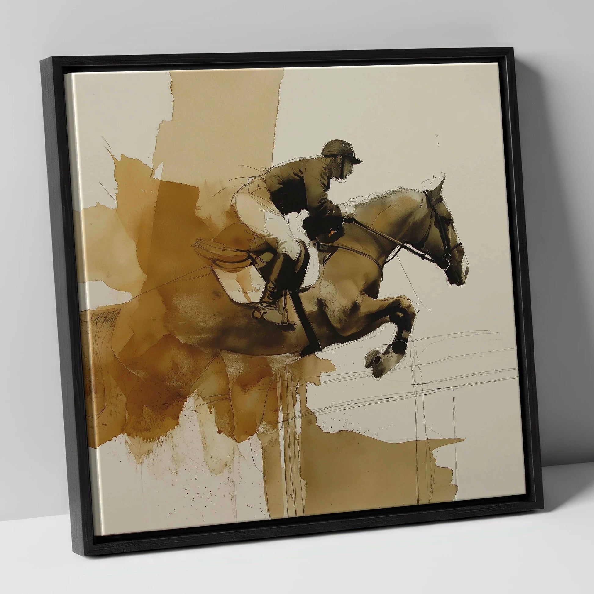 Moment of Suspension show jumping horse canvas wall art in black frame