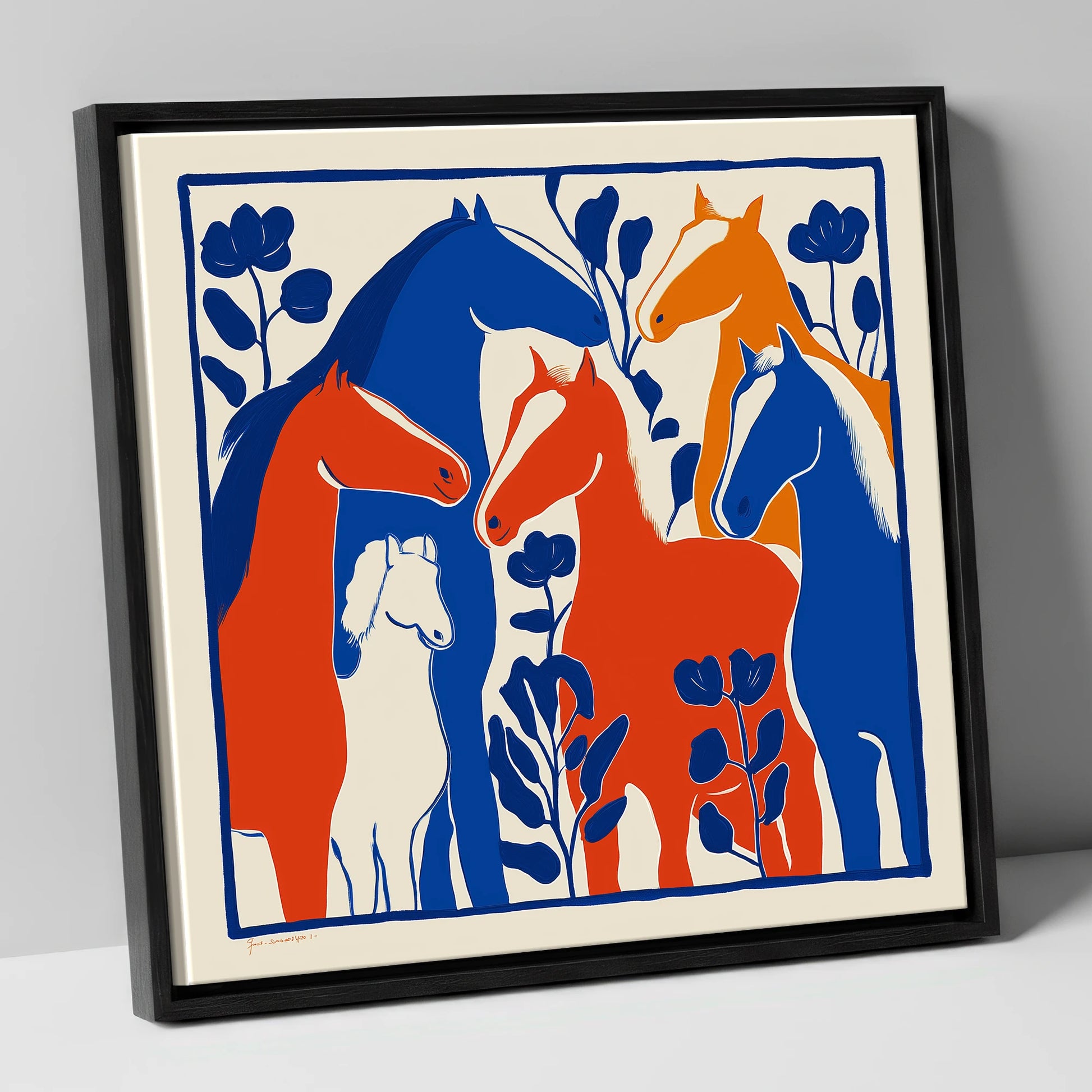 Vibrant Graphic Herd wild horses canvas wall art in black frame