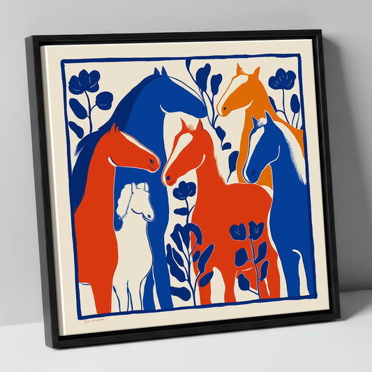 Vibrant Graphic Herd wild horses canvas wall art in black frame