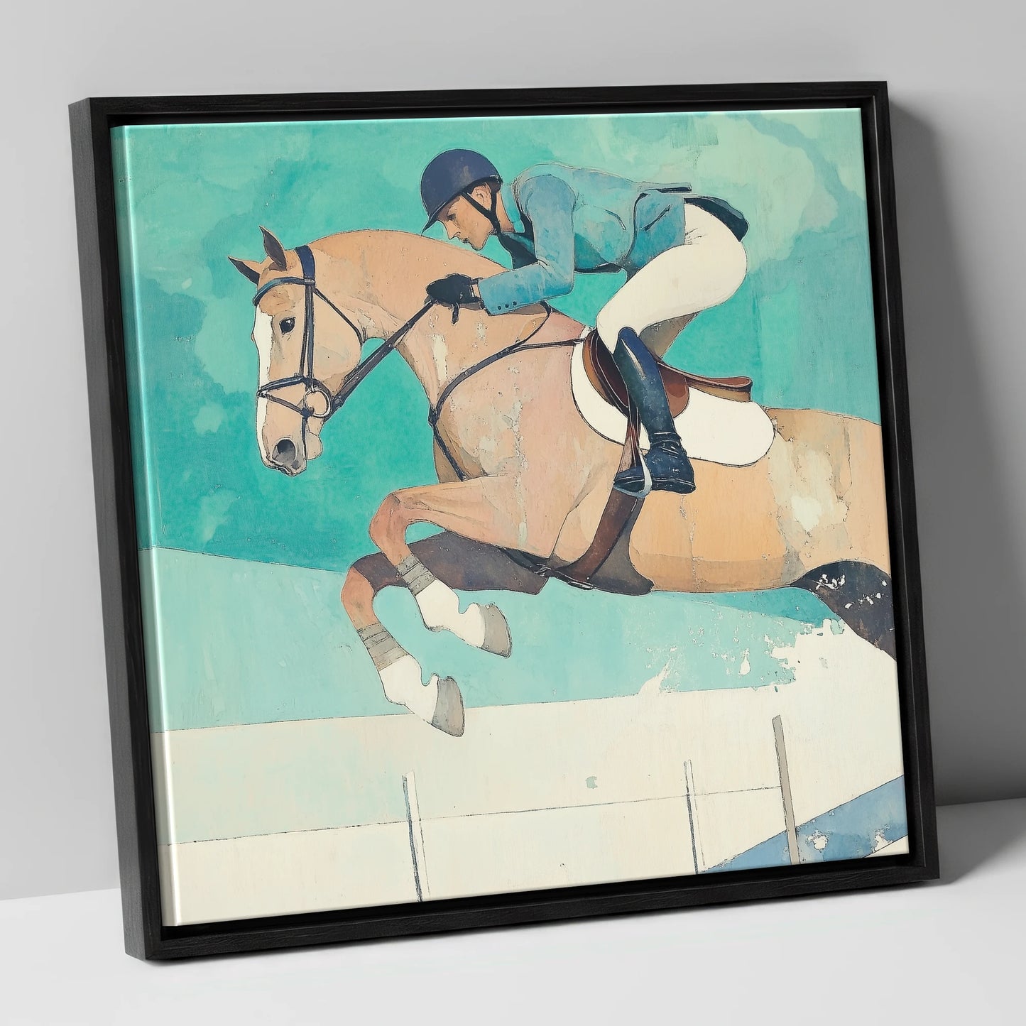 Aquamarine Flight show jumping horse canvas wall art in black frame