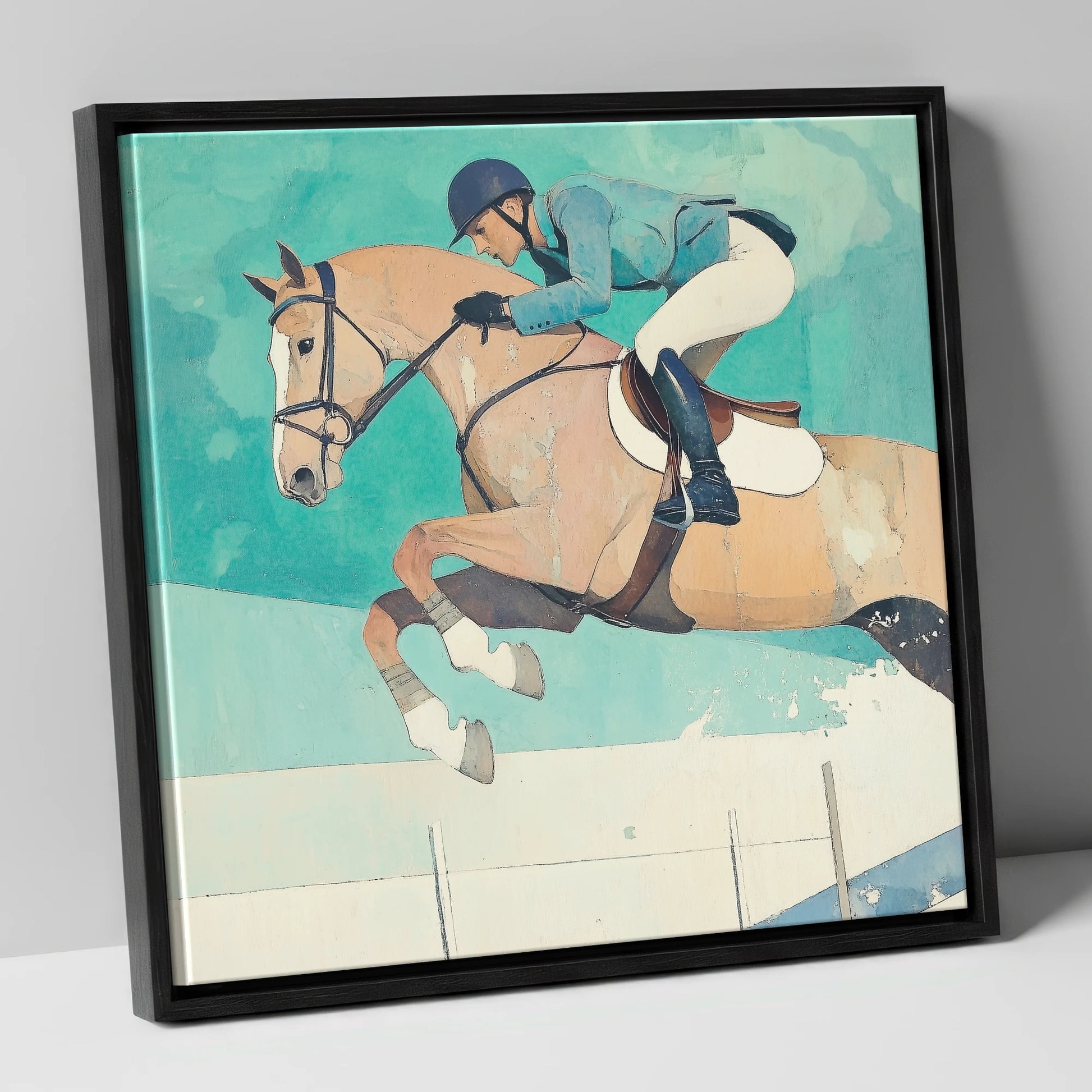 Aquamarine Flight show jumping horse canvas wall art in black frame