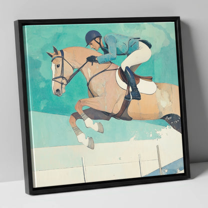 Aquamarine Flight show jumping horse canvas wall art in black frame