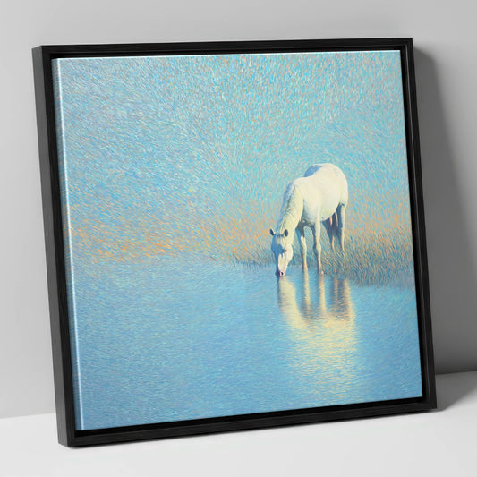 Luminous Waters horse landscape canvas wall art in black frame