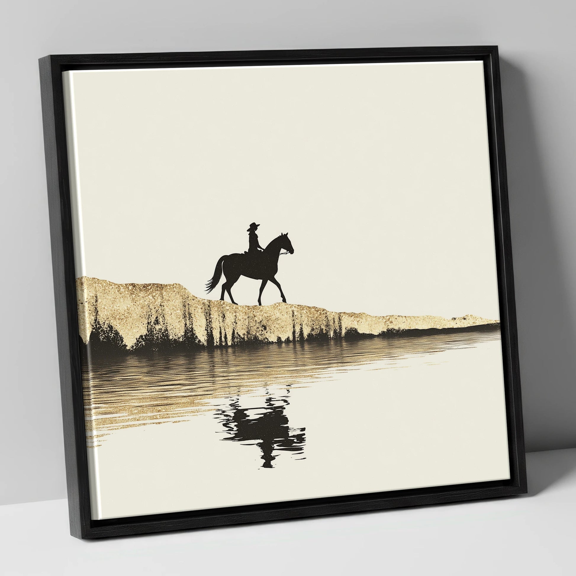 Golden Shores Silhouette beach horse canvas wall art in black frame