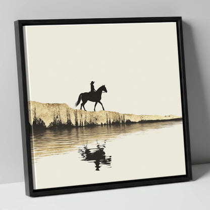 Golden Shores Silhouette beach horse canvas wall art in black frame