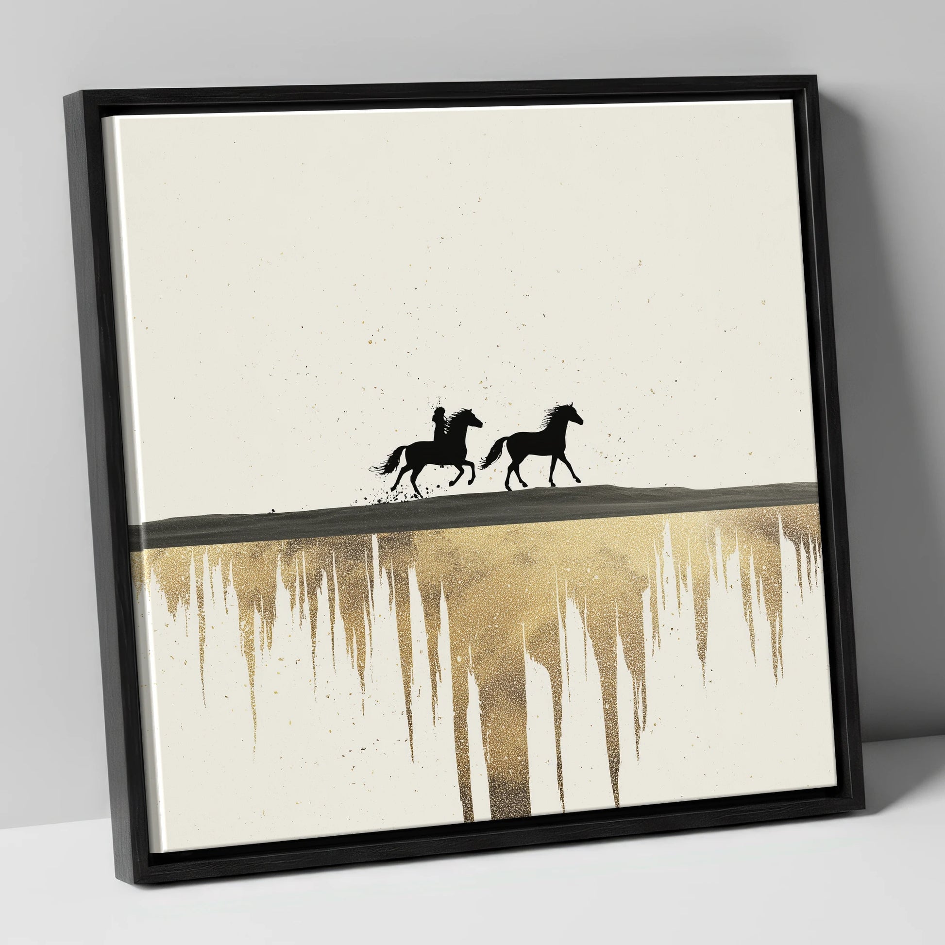 Golden Horizon Silhouettes horse landscape canvas wall art in black frame