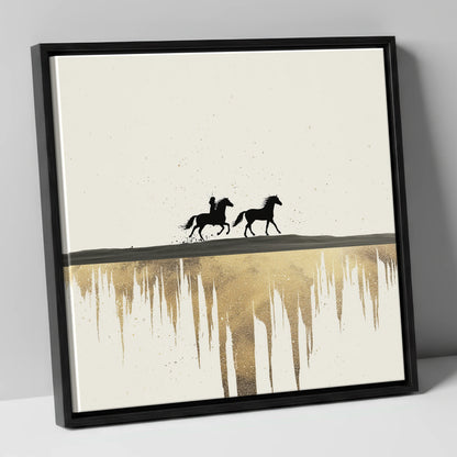 Golden Horizon Silhouettes horse landscape canvas wall art in black frame