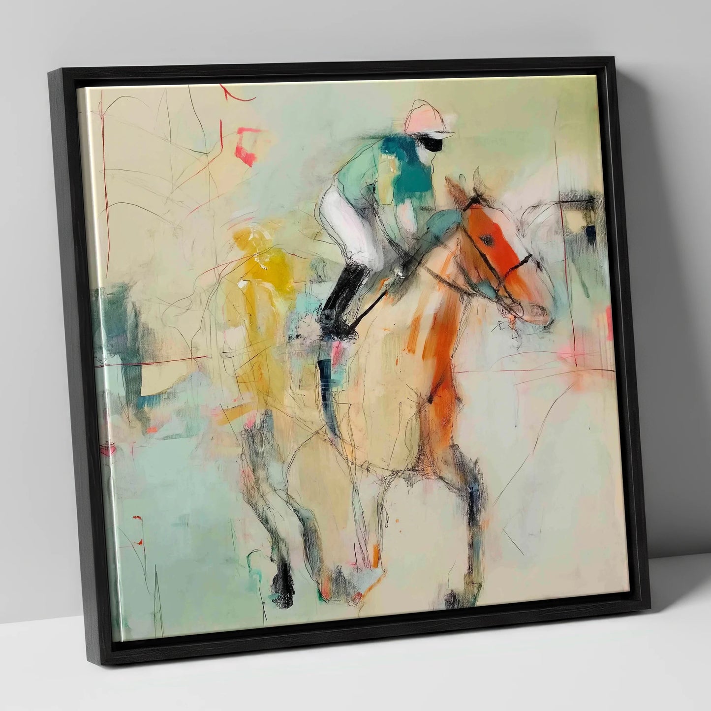 The Fleeting Stride racing horse canvas wall art in black frame