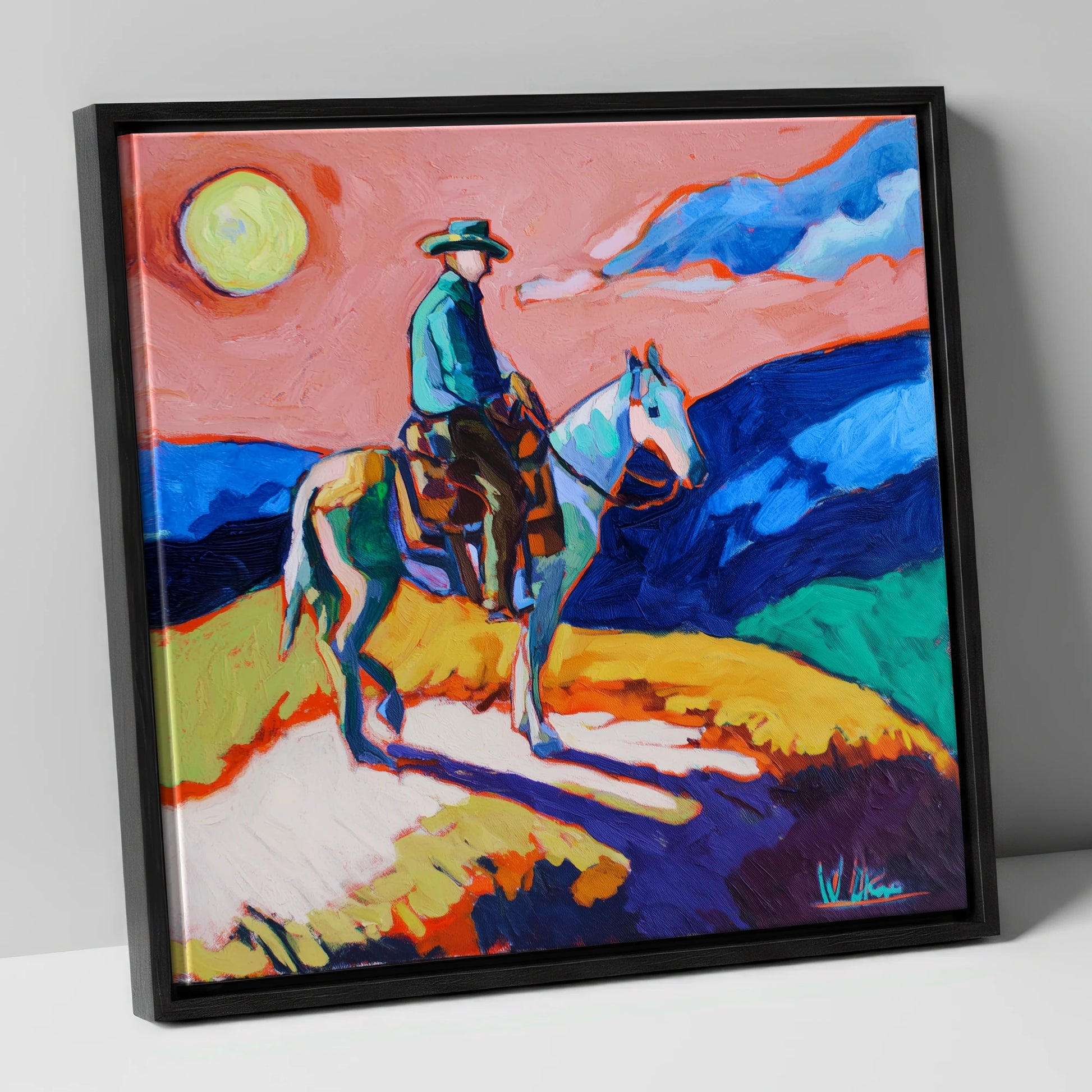 Technicolour Trail Rider western horse canvas wall art in black frame