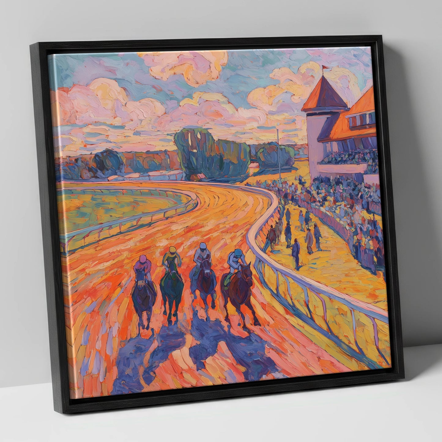 Colours of the Home Straight racing horse canvas wall art in black frame