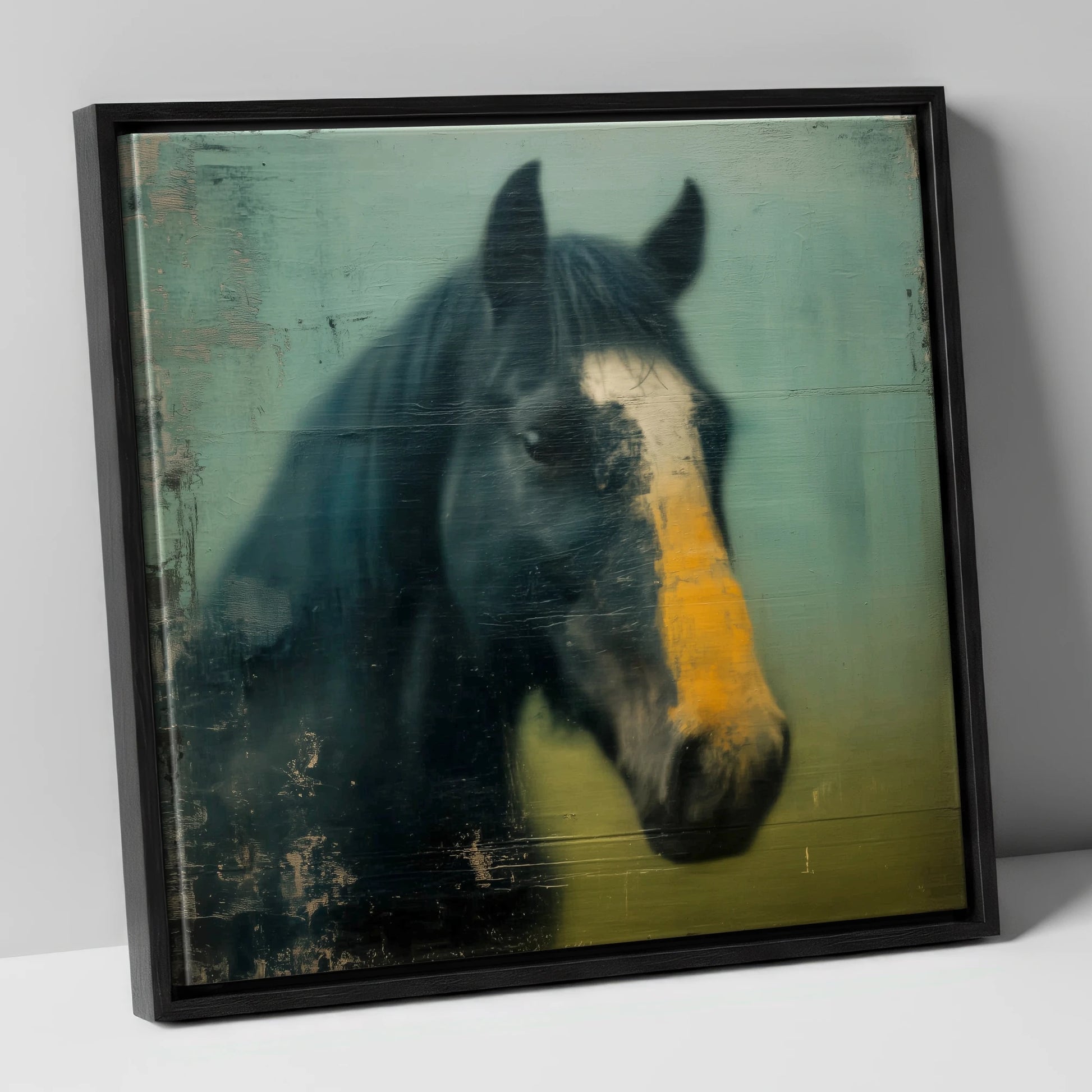 The Golden Blaze horse portrait canvas wall art in black frame