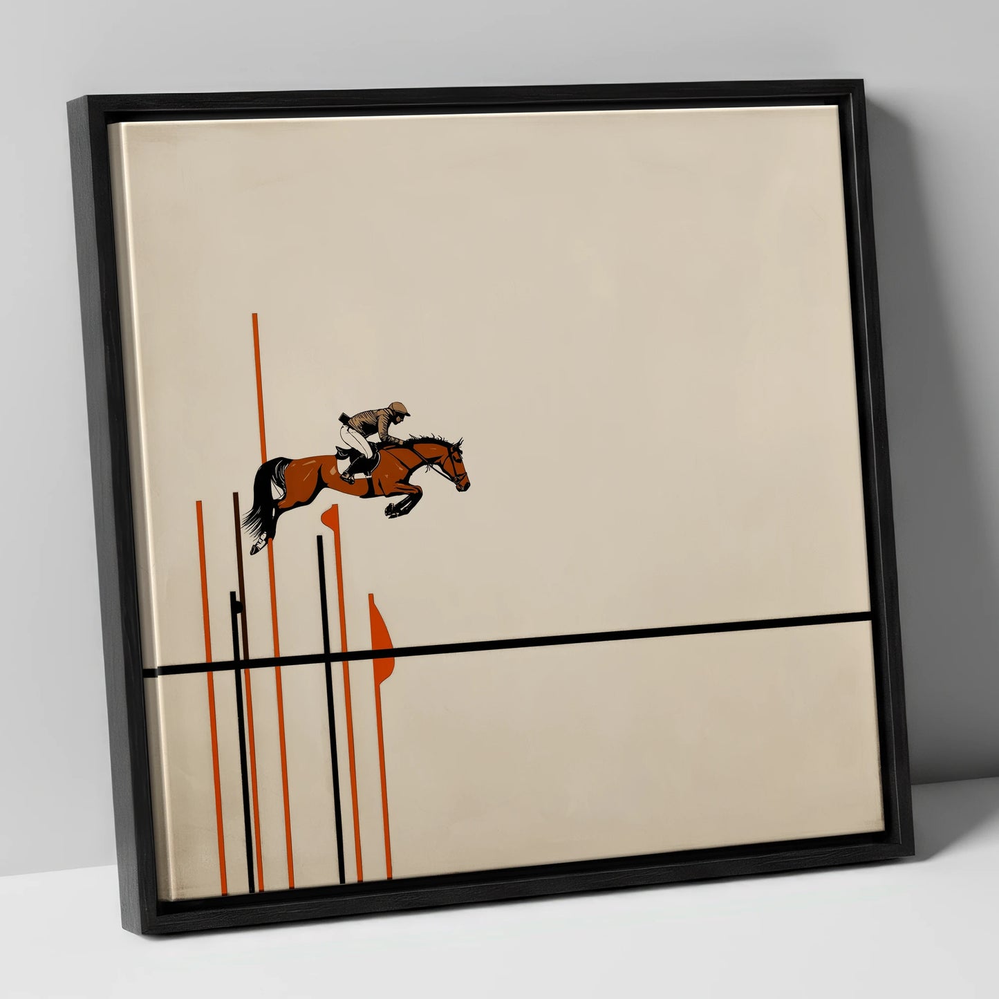 Minimalist Clearance show jumping horse canvas wall art in black frame