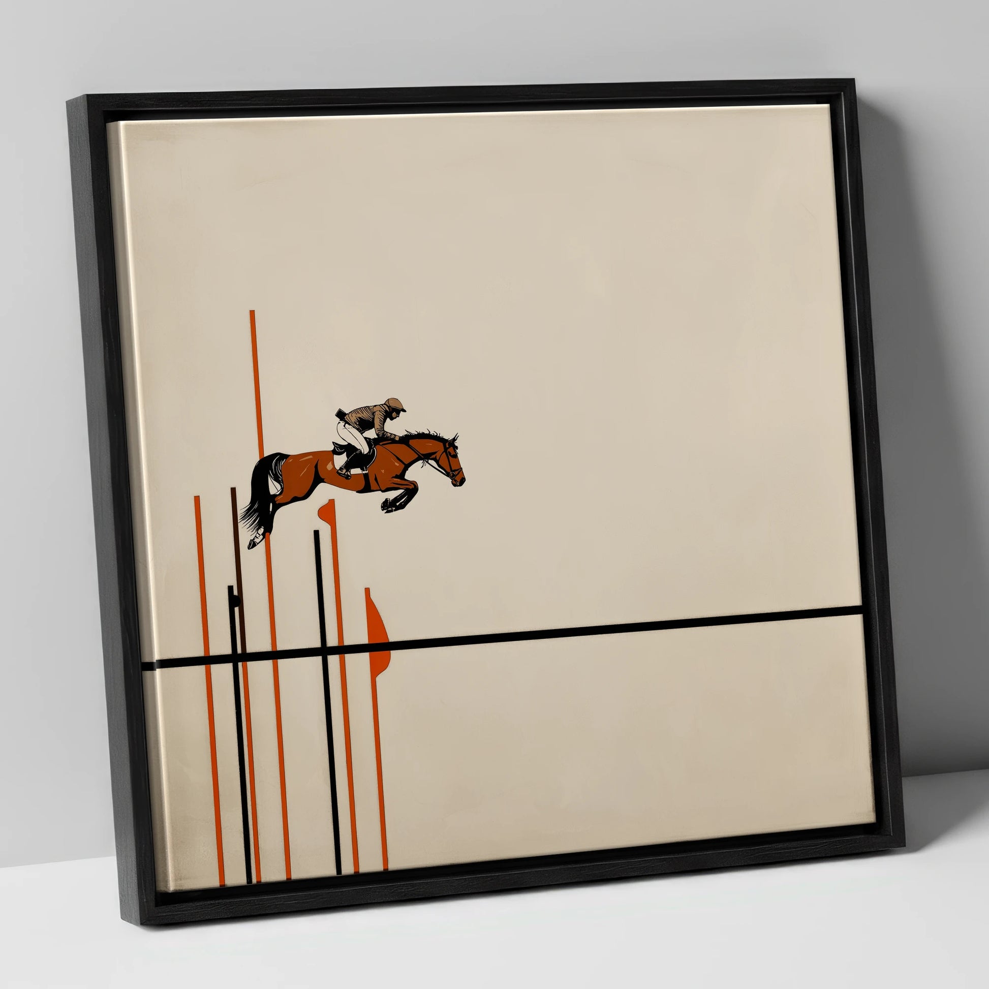 Minimalist Clearance show jumping horse canvas wall art in black frame