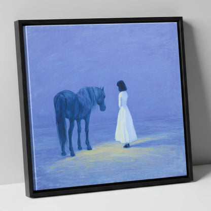 The Quiet Meeting horse & rider canvas wall art in black frame