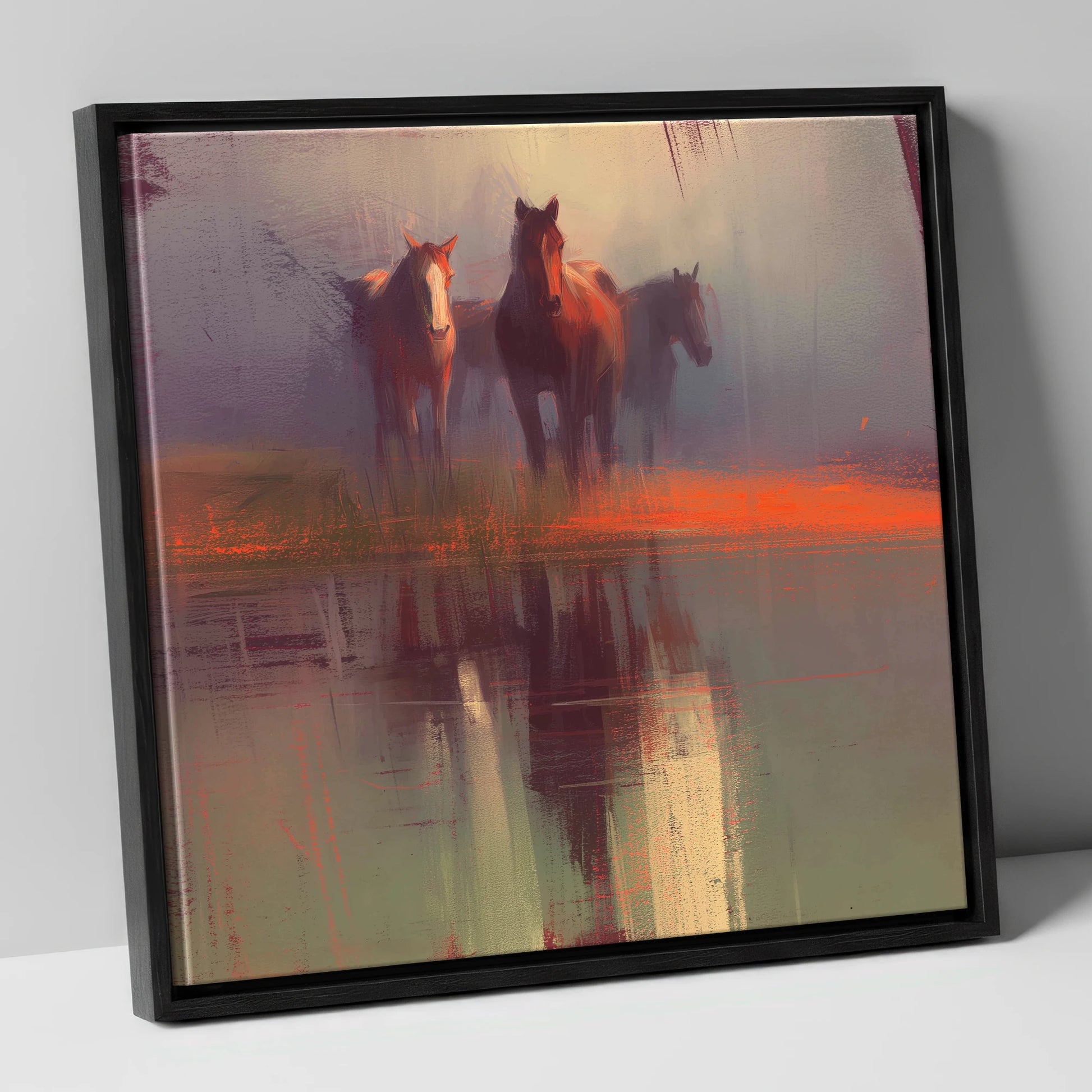 Ember Reflections wild horses canvas wall art in black frame