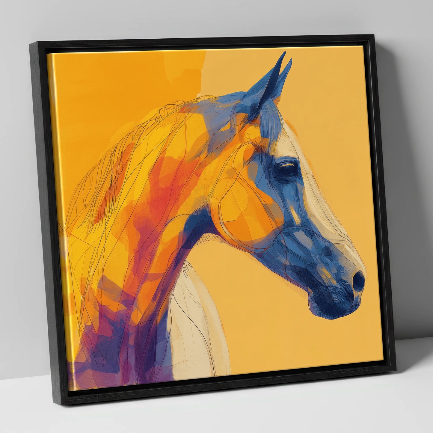 Cobalt and Amber Profile horse portrait canvas wall art in black frame