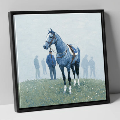 Waiting in the Mist racing horse canvas wall art in black frame