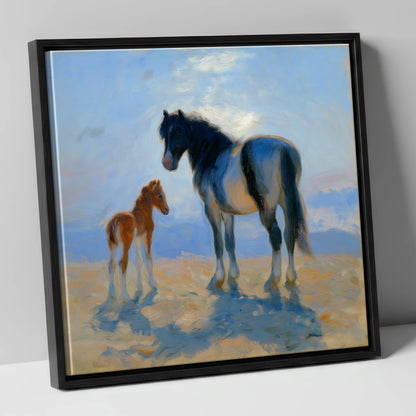 Cerulean Morning Light mare & foal canvas wall art in black frame