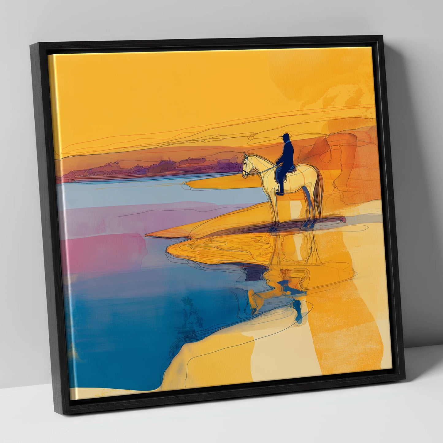 Golden Tide Silhouette beach horse canvas wall art in black frame