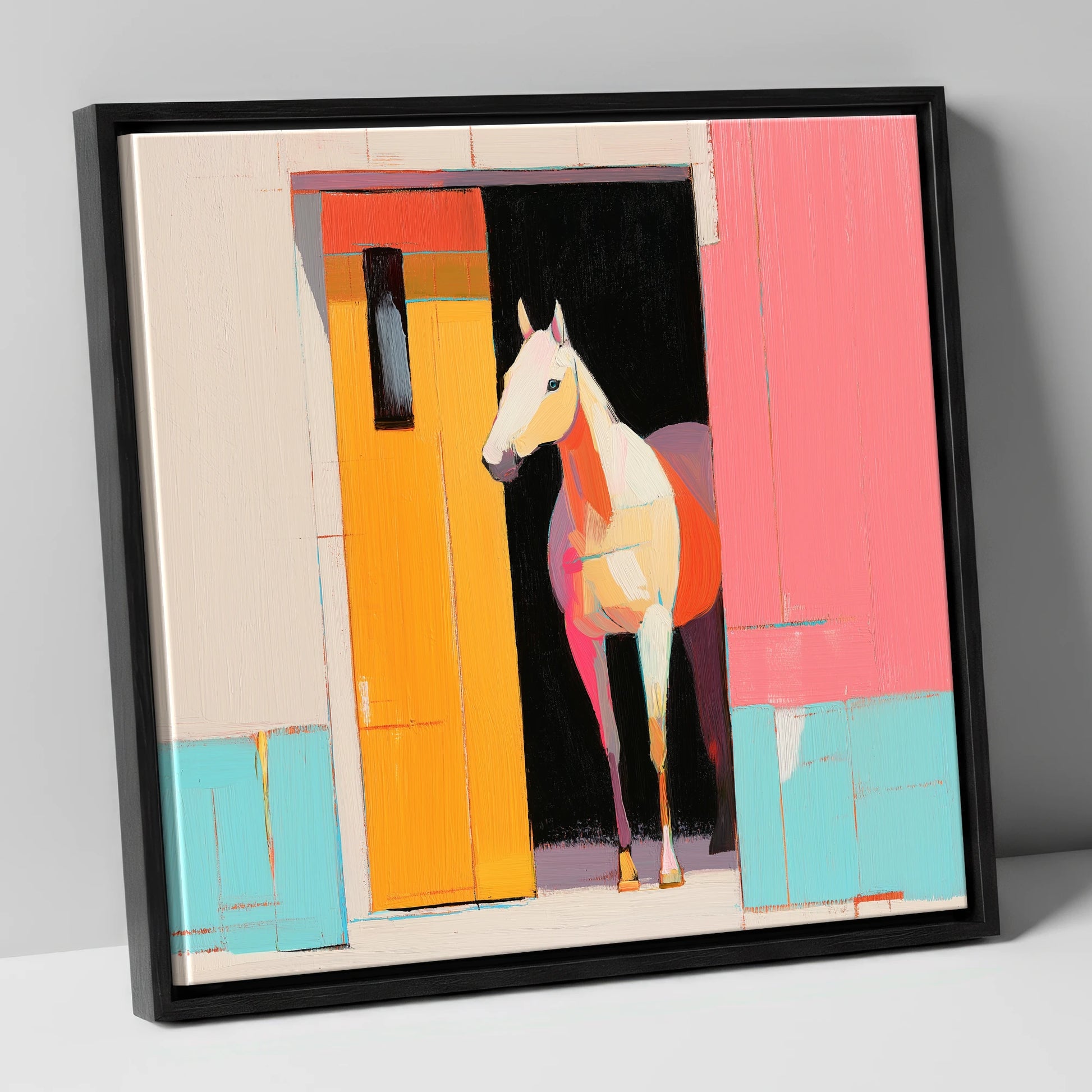Vibrant Stable Doorway horse stable canvas wall art in black frame