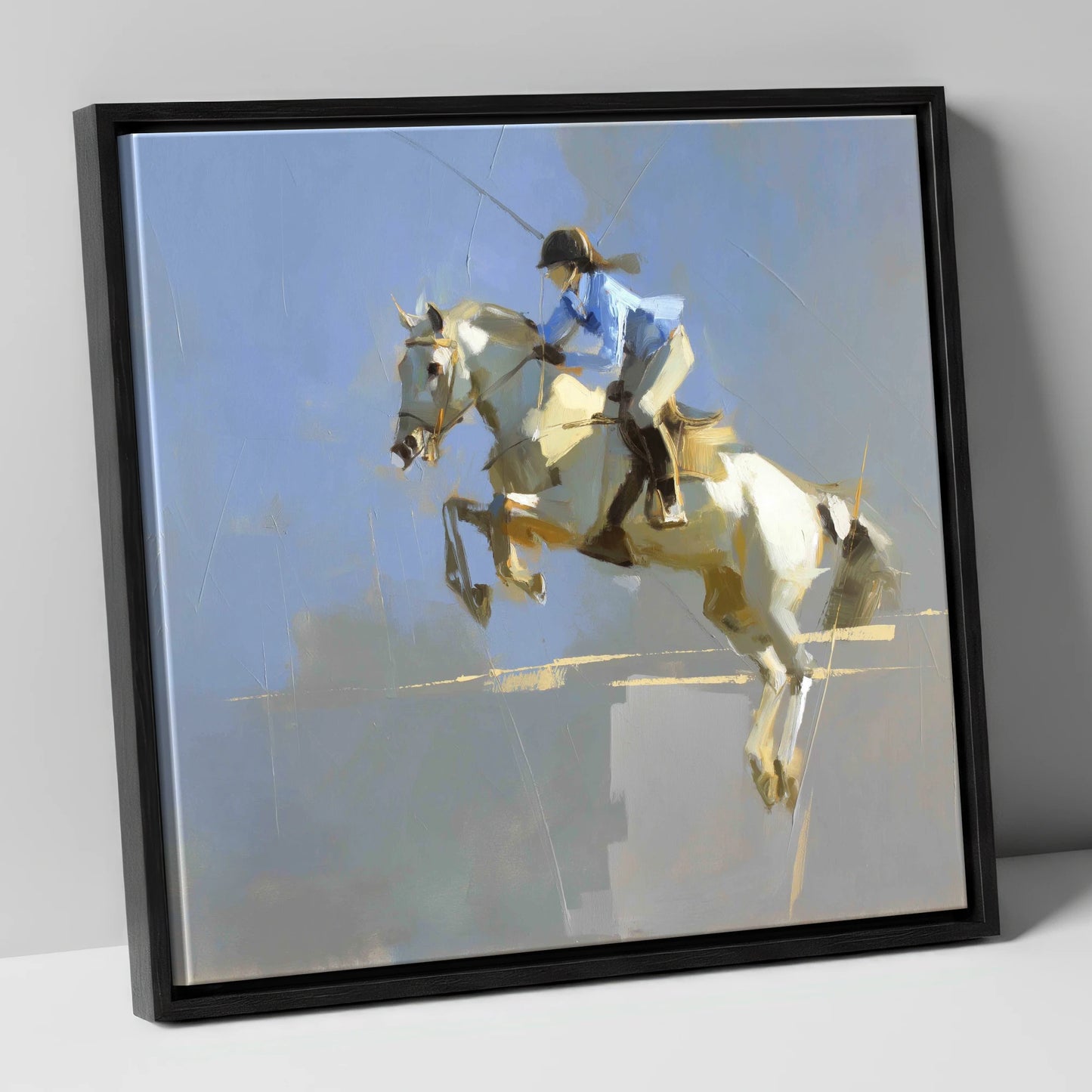 Soaring in Slate show jumping horse canvas wall art in black frame