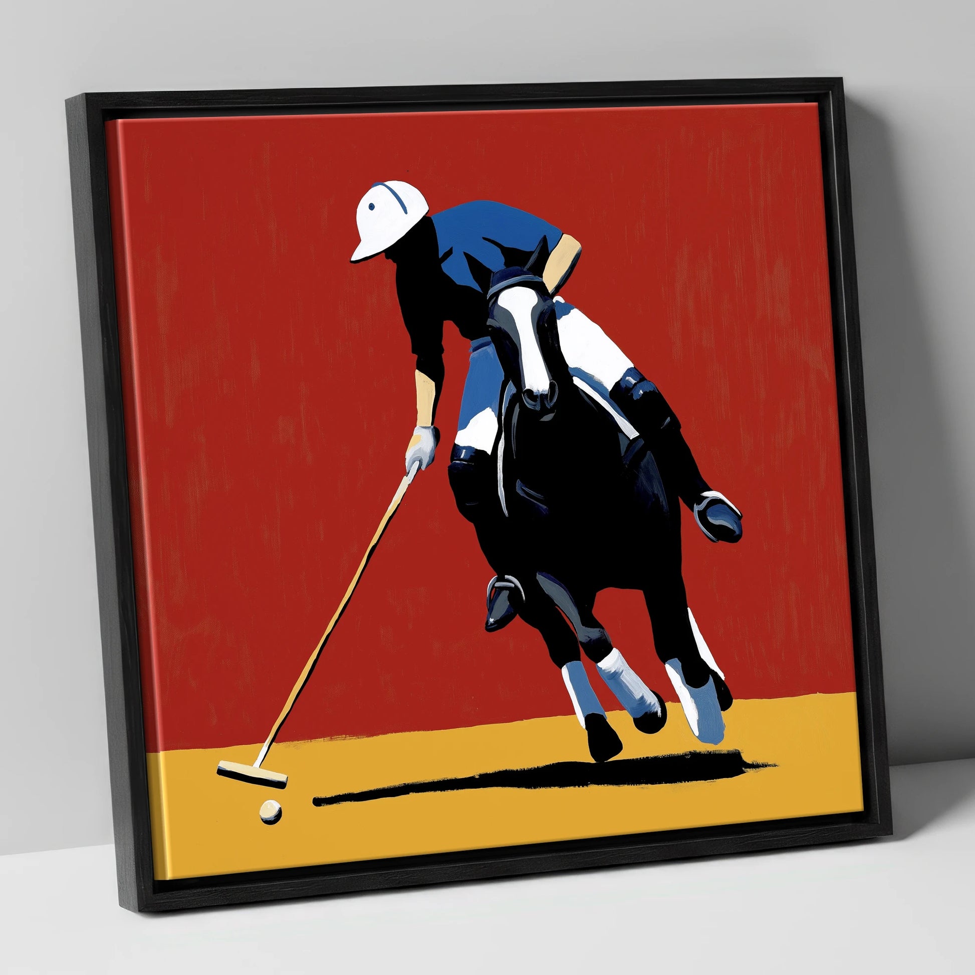 The Scarlet Pursuit polo horse canvas wall art in black frame