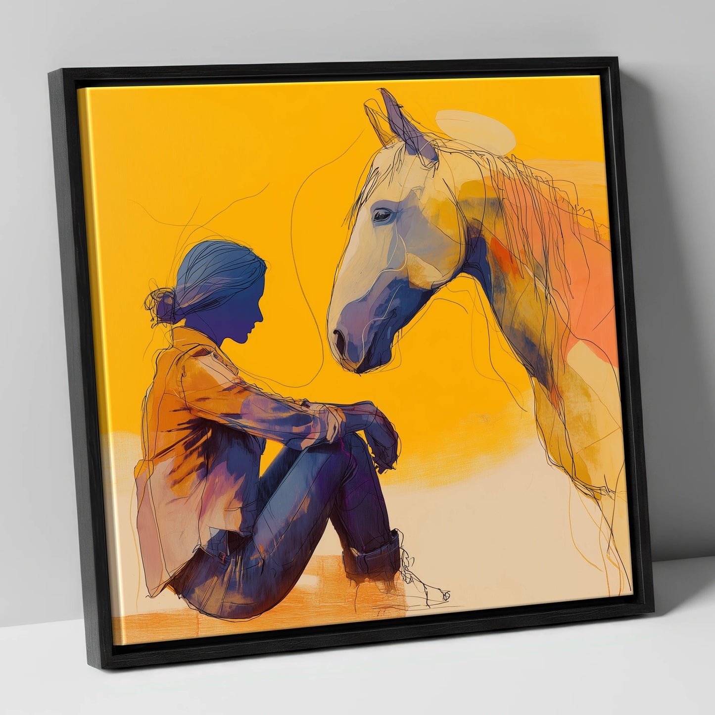 Quiet Communion horse & rider canvas wall art in black frame