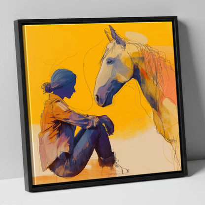 Quiet Communion horse & rider canvas wall art in black frame