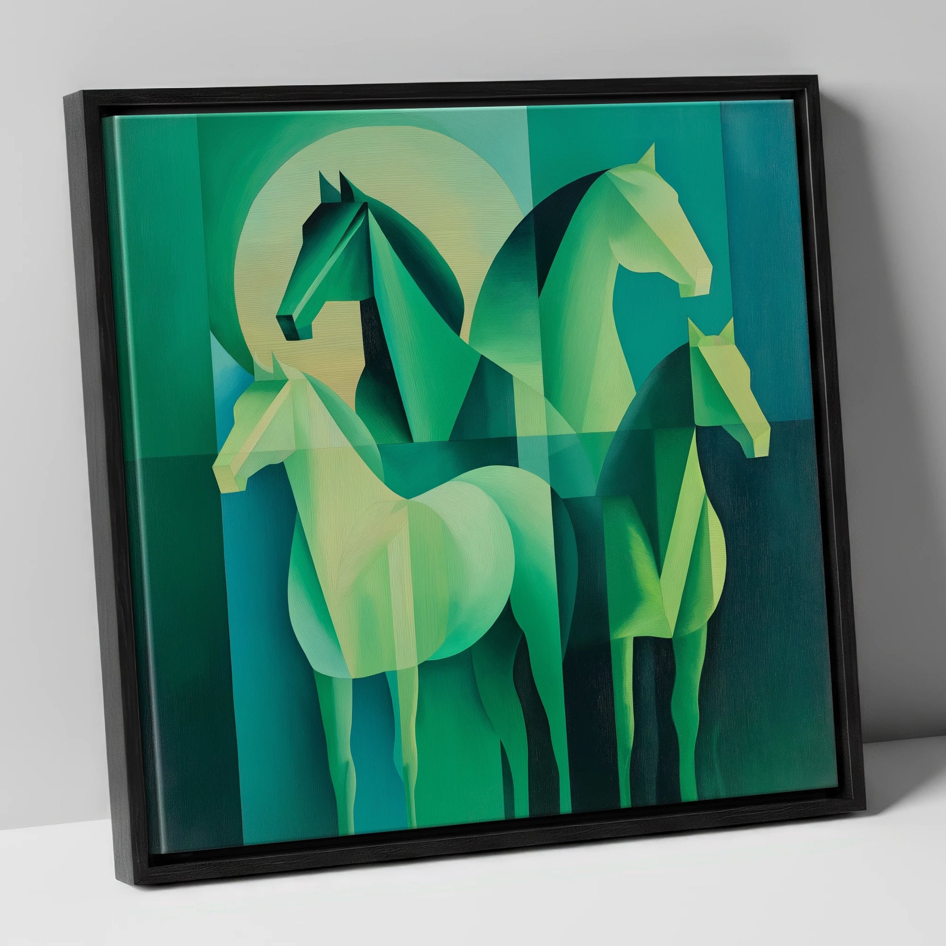 Emerald Herd Harmony wild horses canvas wall art in black frame
