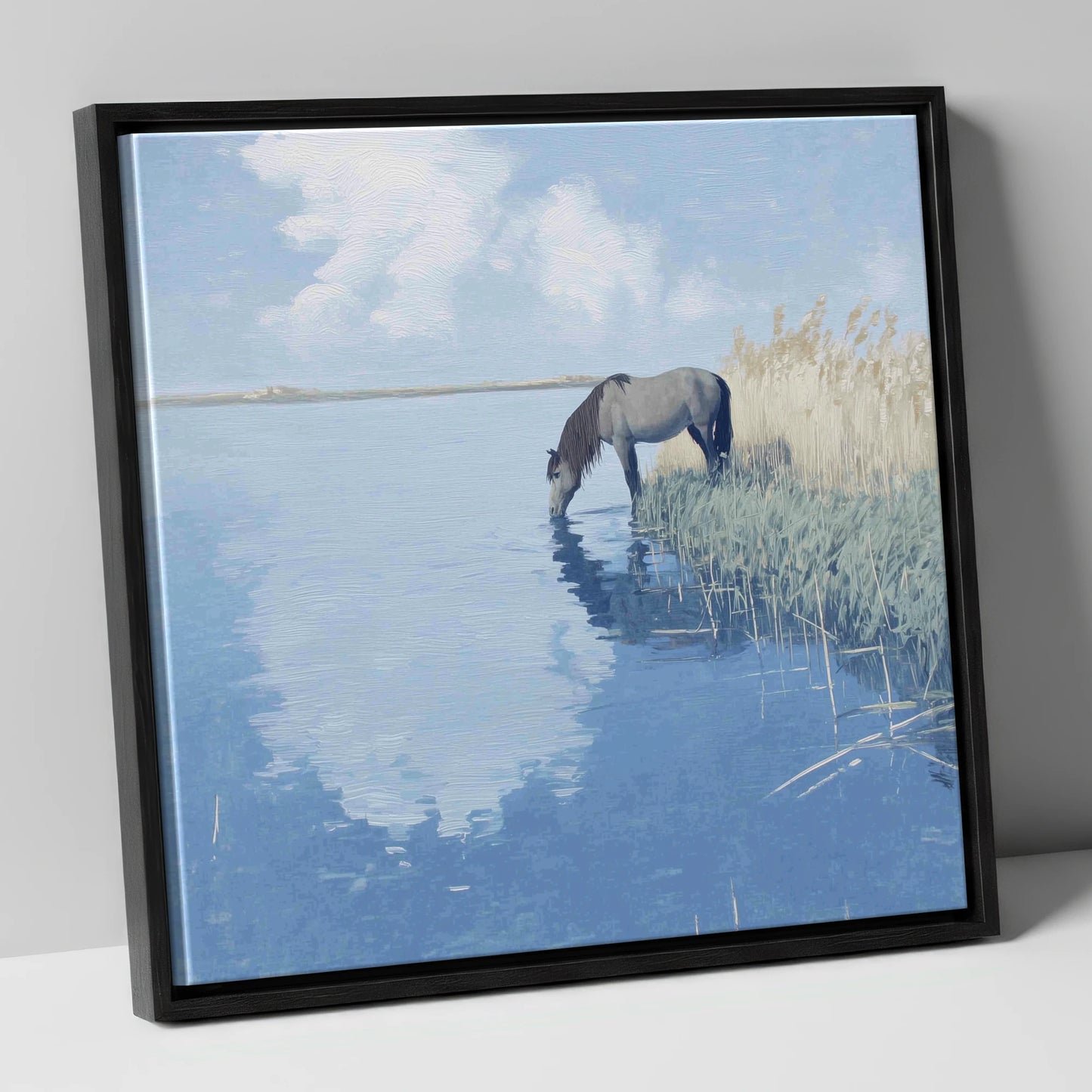 The Quiet Shallows horse landscape canvas wall art in black frame