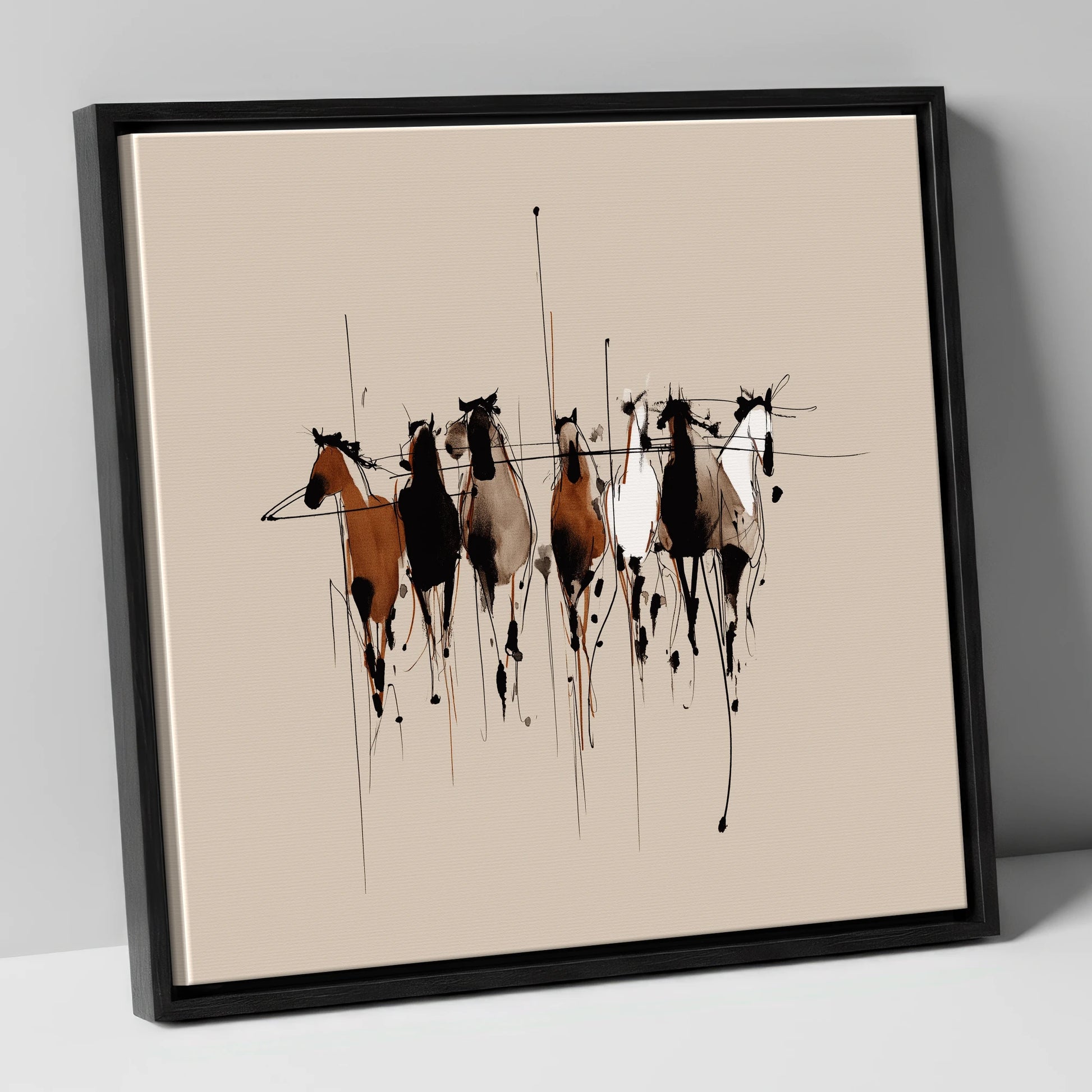 The Fluid Herd wild horses canvas wall art in black frame