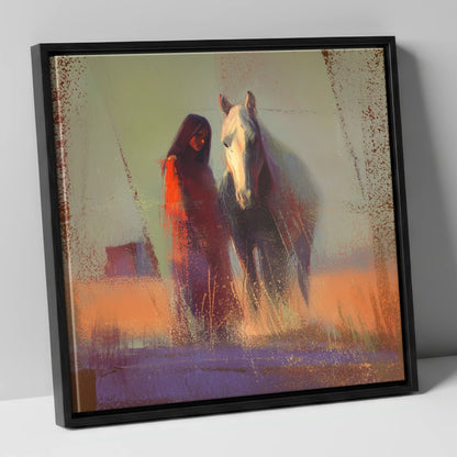 Whispers in the Haze horse & rider canvas wall art in black frame