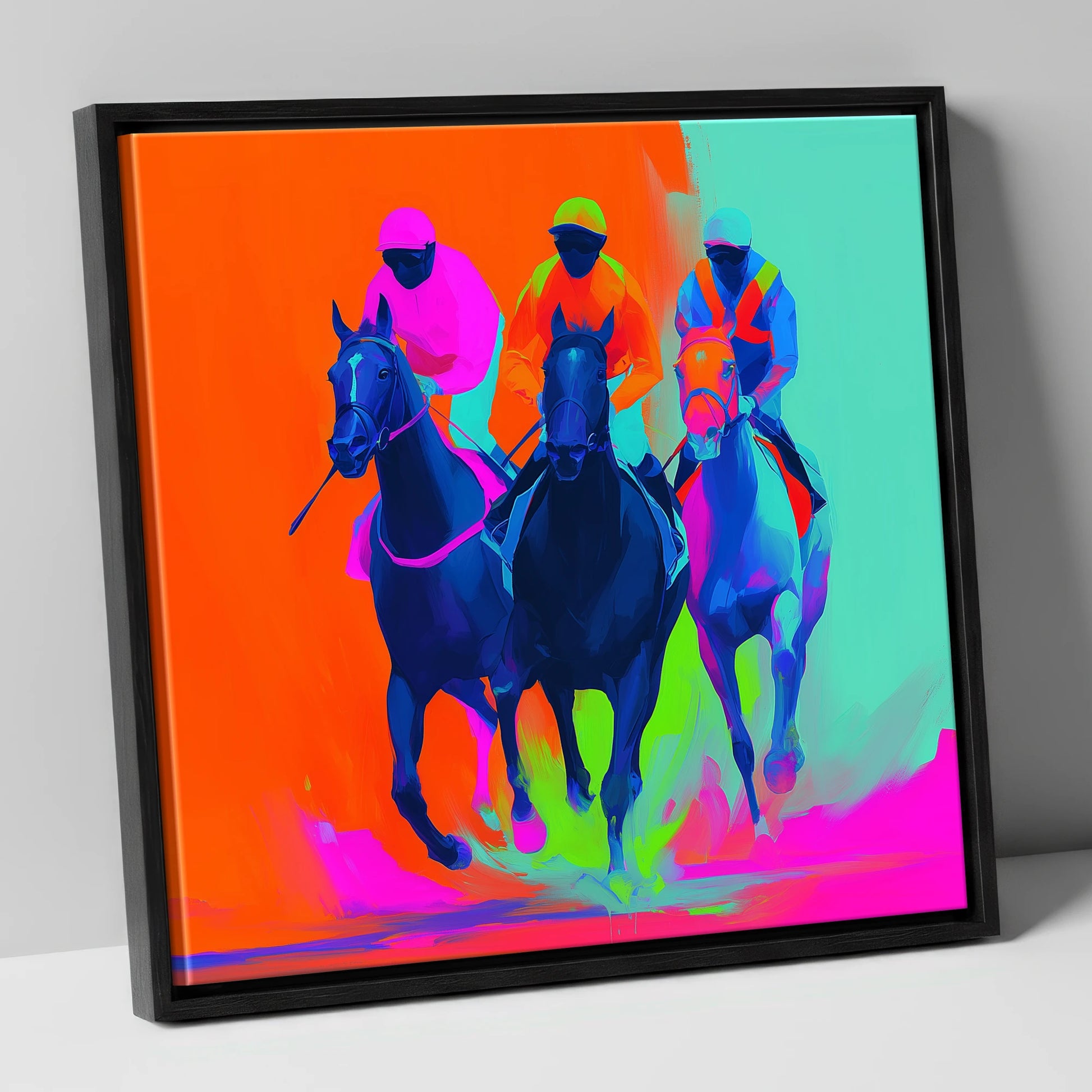 Neon Final Furlong racing horse canvas wall art in black frame