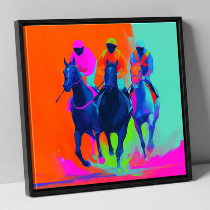 Neon Final Furlong racing horse canvas wall art in black frame
