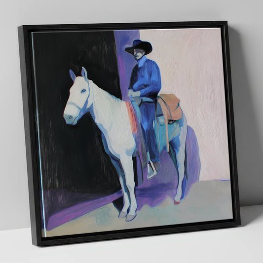 The Indigo Rider western horse canvas wall art in black frame