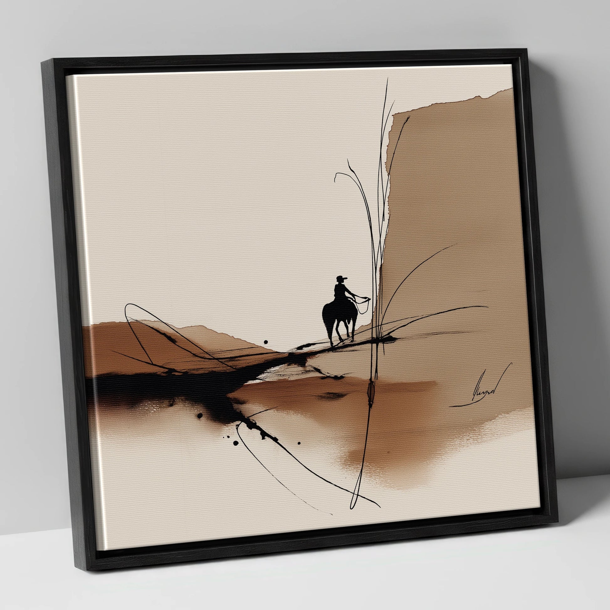 Sepia Horizons western horse canvas wall art in black frame