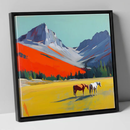 Vivid Mountain Meadow horse landscape canvas wall art in black frame