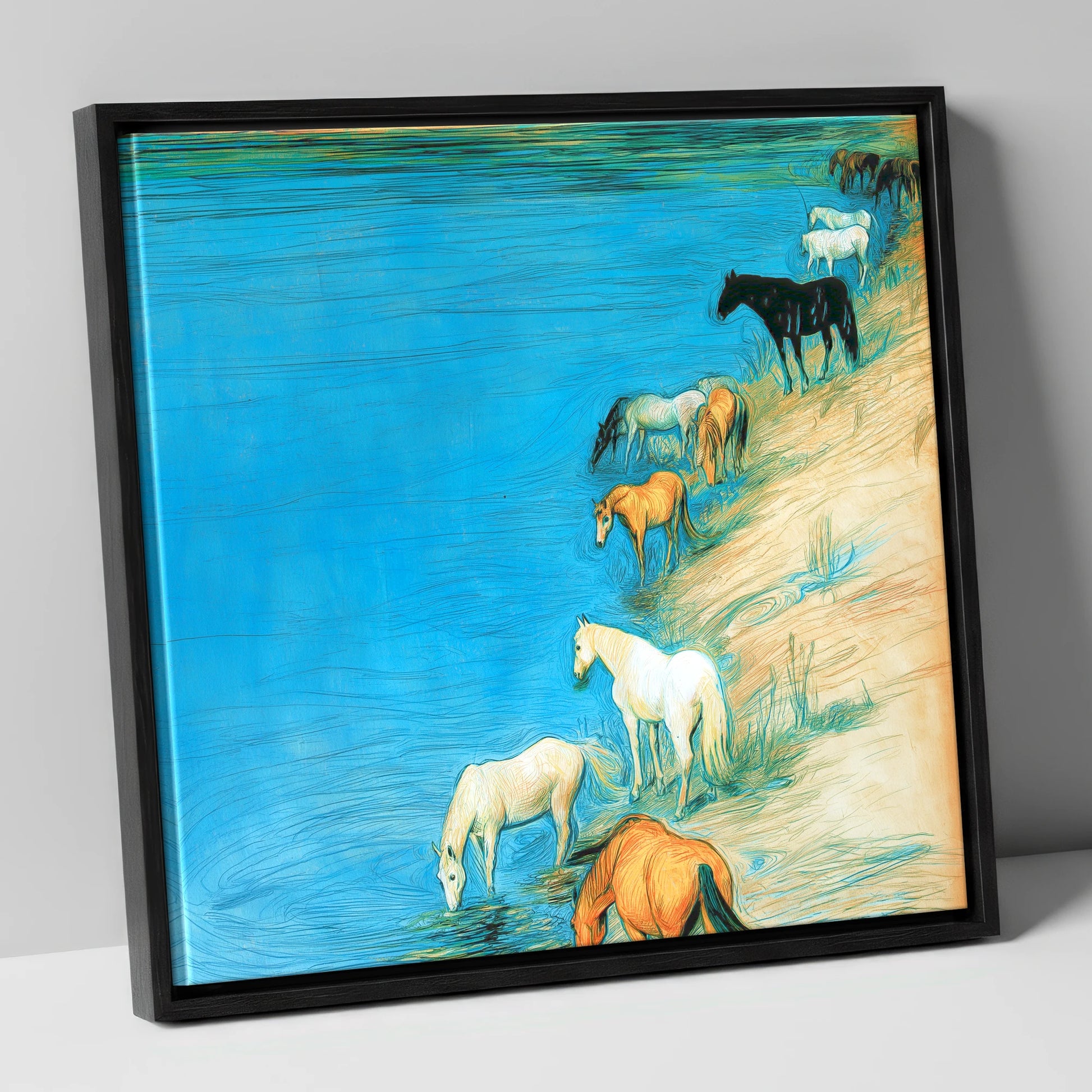 Cerulean River Herd wild horses canvas wall art in black frame