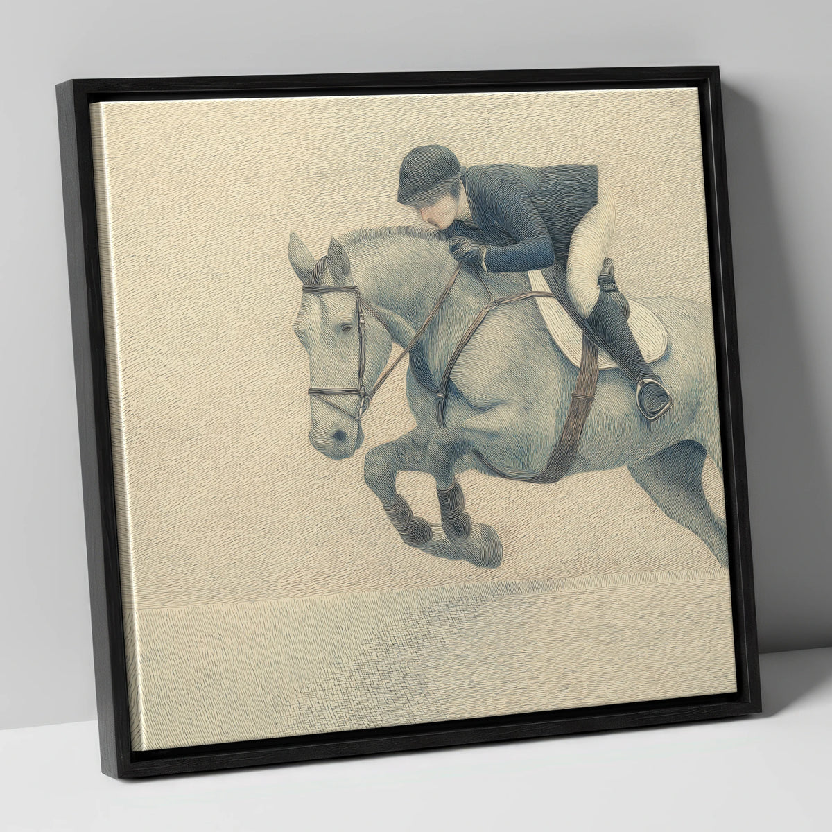 Textured Grey Show Jumping Horse show jumping horse canvas wall art in black frame