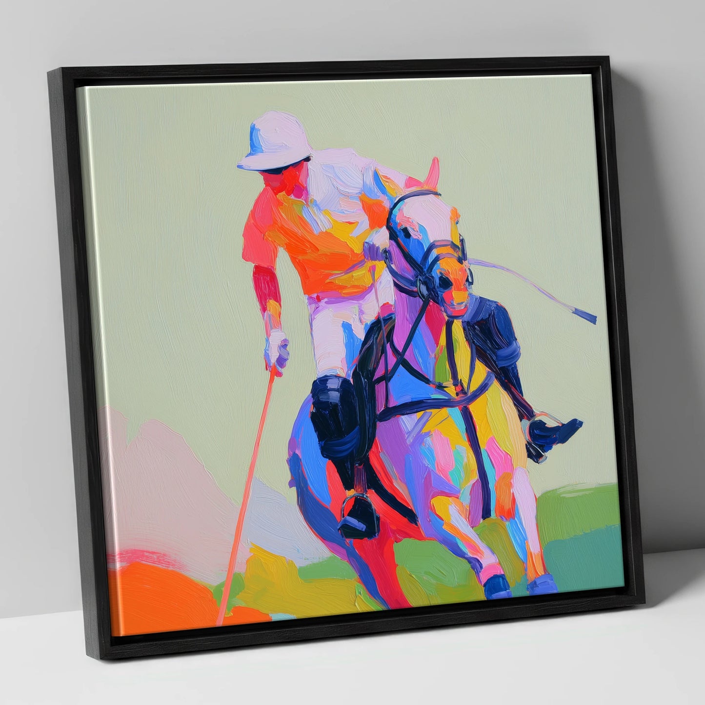 Technicolour Drive polo horse canvas wall art in black frame