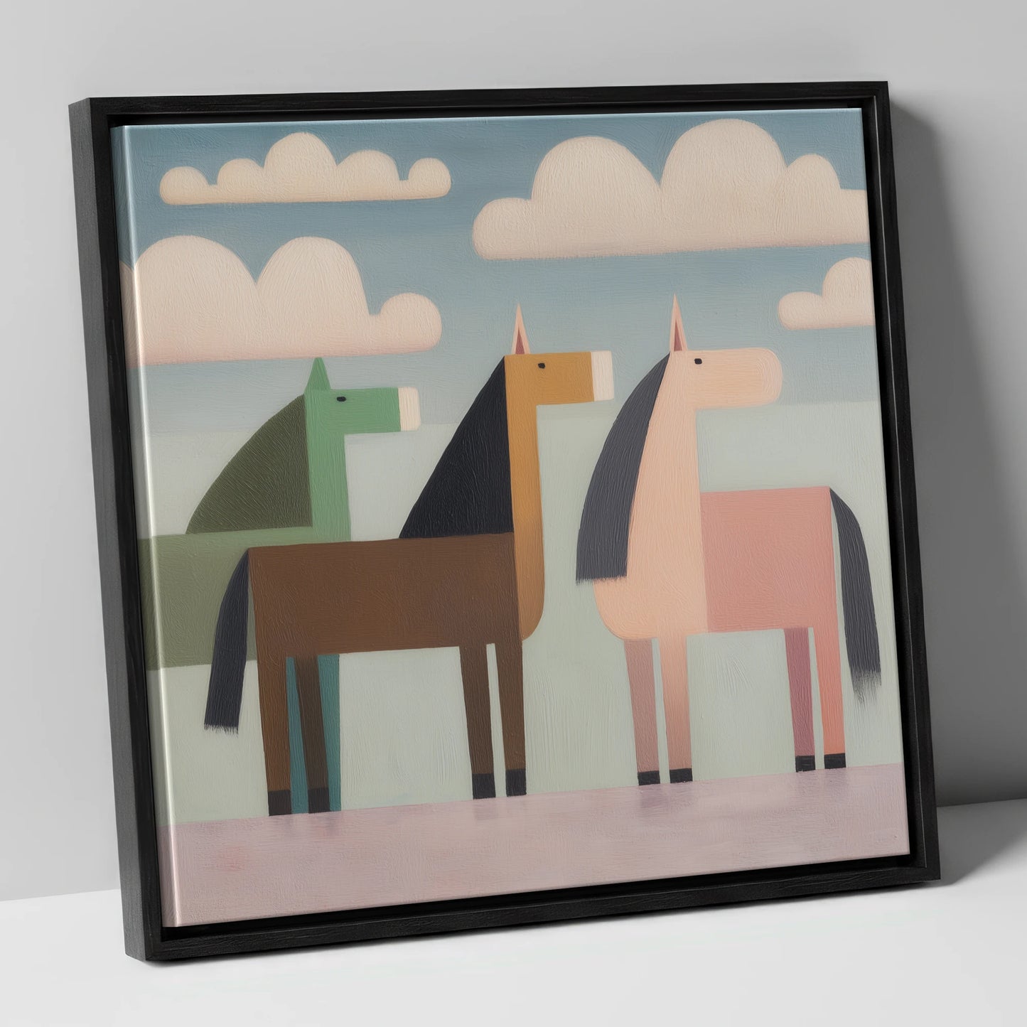 Serene Stylised Herd horse landscape canvas wall art in black frame