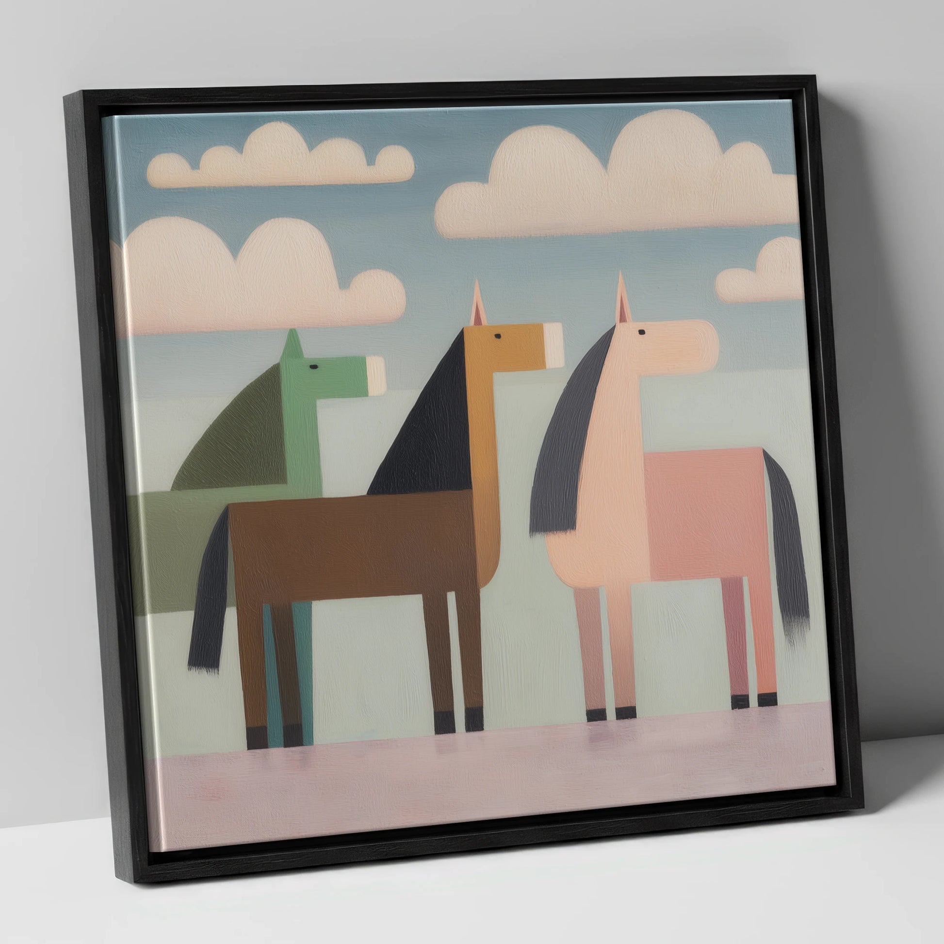 Serene Stylised Herd horse landscape canvas wall art in black frame