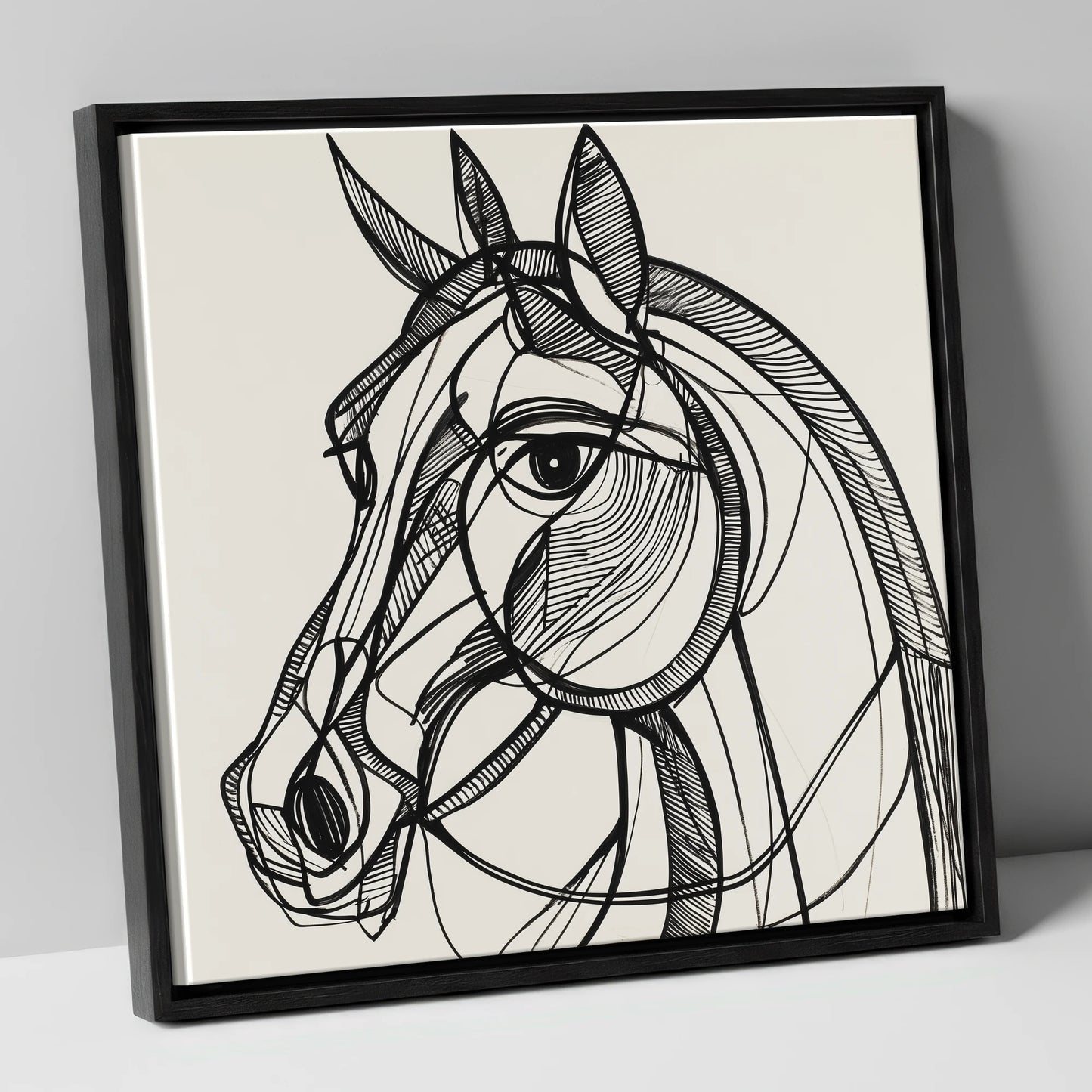 Bold Linear Equine horse portrait canvas wall art in black frame