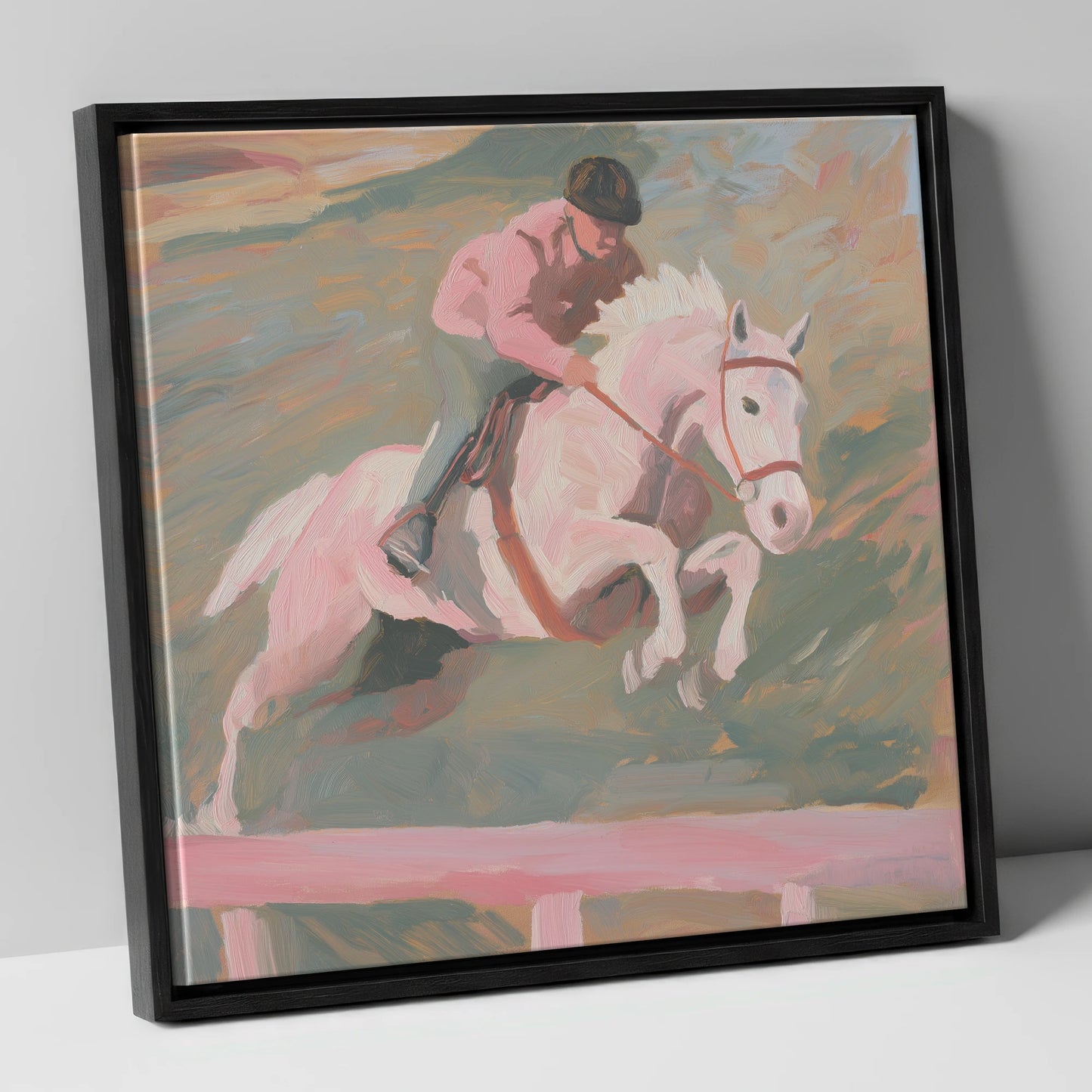 Airborne in Pastel show jumping horse canvas wall art in black frame