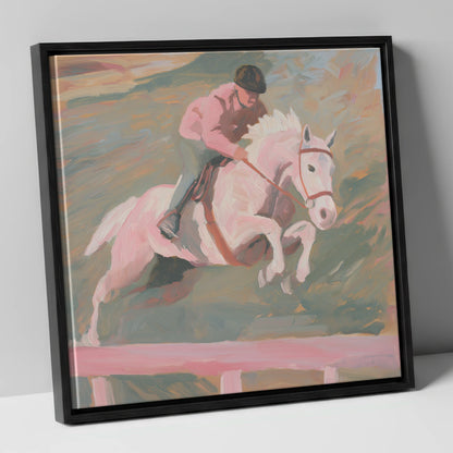 Airborne in Pastel show jumping horse canvas wall art in black frame