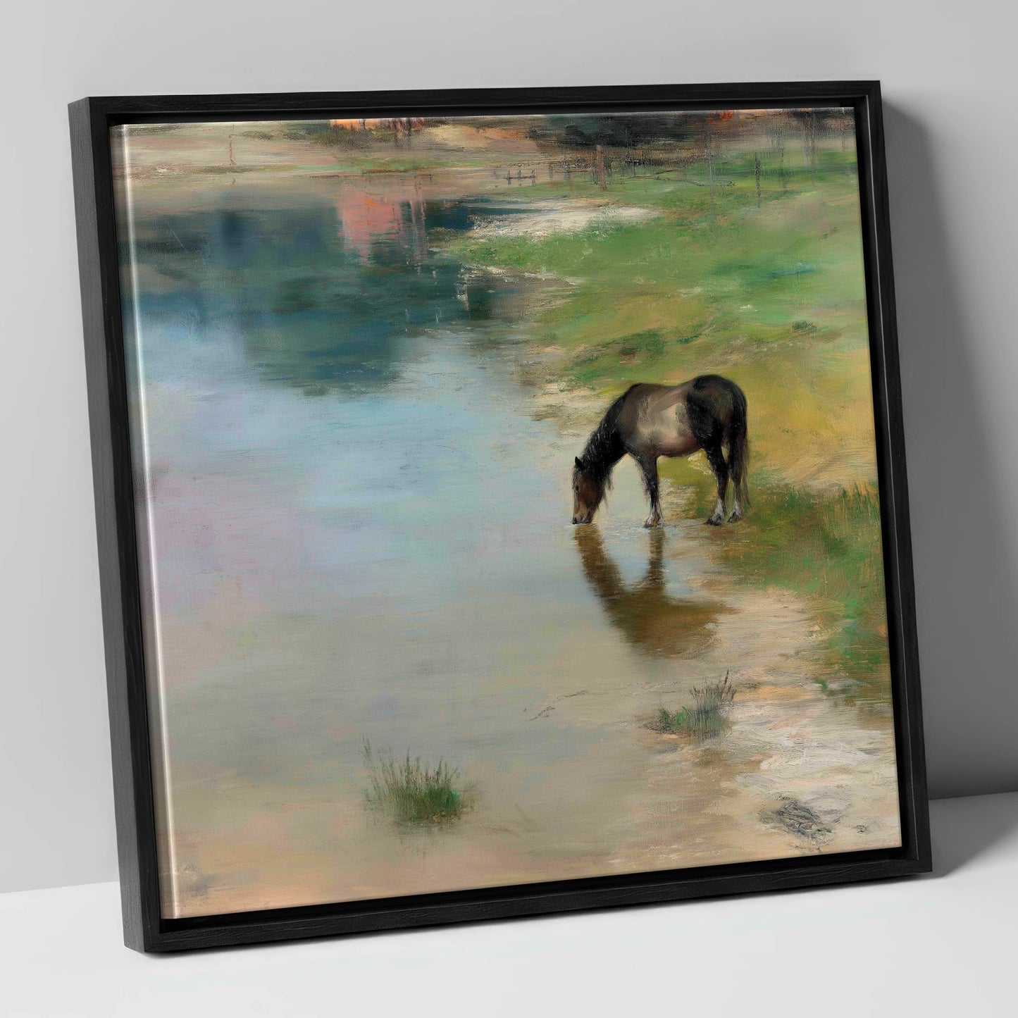 Quiet Waters Edge horse landscape canvas wall art in black frame